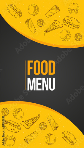 Vertical template with fast food drawn on it. In yellow and black colors. The banner is suitable for menus, stories social media