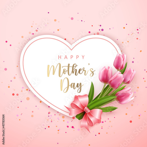 Happy mother's day heart shape card banner pink elegant tulip flower and cute ribbon