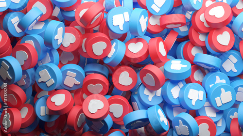 Overhead view of a big heap of social media like and love buttons, Thumb Up for a background in 3D rendering. . Social network banner and advertising background photo