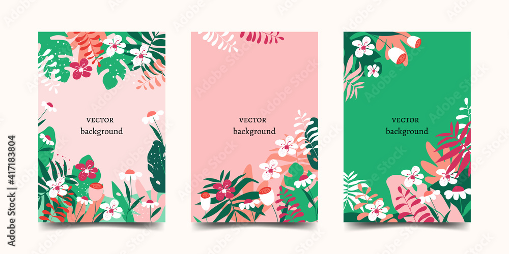 Vector set of bright cards with leaves and flowers. Templates for covers, social media, advertising and promotion. Place for text