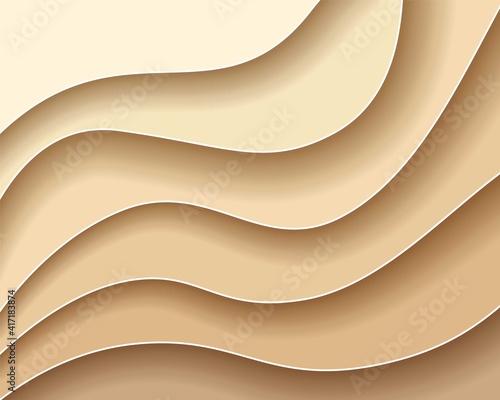 Paper cut Abstract art background 3d beige gold color beach sand,desert with barchan dunes.Template Sand texture with wavy lines pattern.Vector cover,flyer,textile print,banner, poster, card,wallpaper