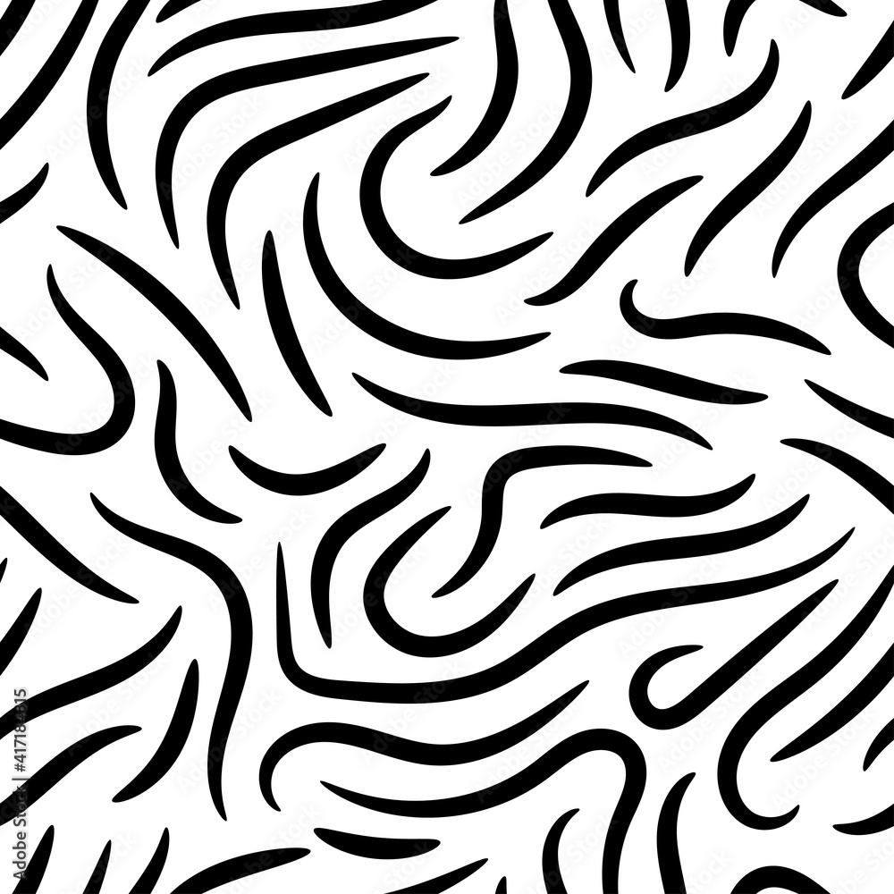 Black curved lines isolated on white background. Monochrome linear seamless pattern. Vector flat graphic illustration. Texture. Black curved lines isolated on white background. Monochrome linear seamless pattern. Vector flat graphic illustration. Texture.