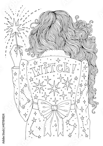 Foto Vector hand drawn coloring page modern city witch back in a jacket with stars