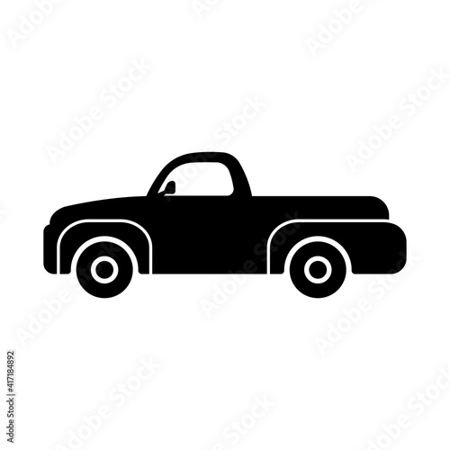 Pickup truck icon. Black silhouette. Side view. Vector flat graphic illustration. The isolated object on a white background. Isolate.