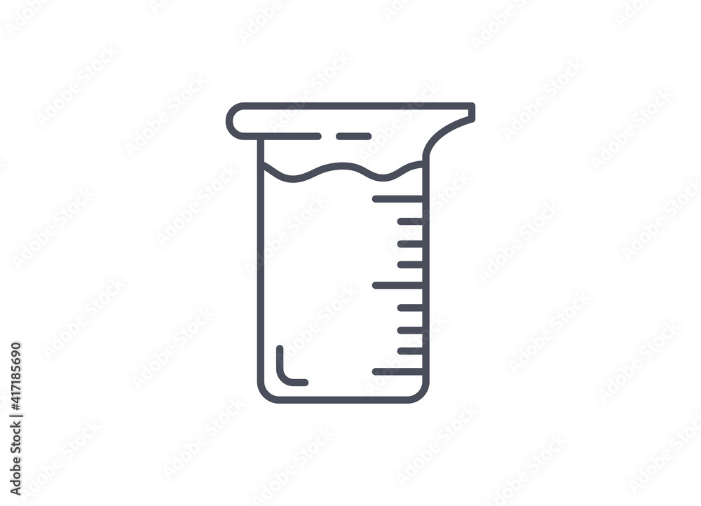 Glass laboratory beaker for measuring the volume of liquids or chemical solutions, line drawn black and white vector icon isolated on white background Glass laboratory beaker for measuring the volume of liquids or chemical solutions, line drawn black and white vector icon isolated on white background