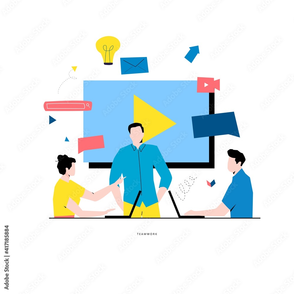 Video streaming, video conference, business webinar flat vector illustration design. Online video presentation, business and educational training, business people meeting