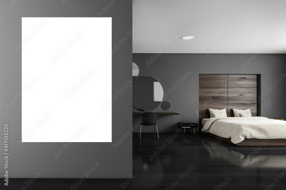 Mockup in bed and linens in black bedroom with parquet Mockup in bed and linens in black bedroom with parquet