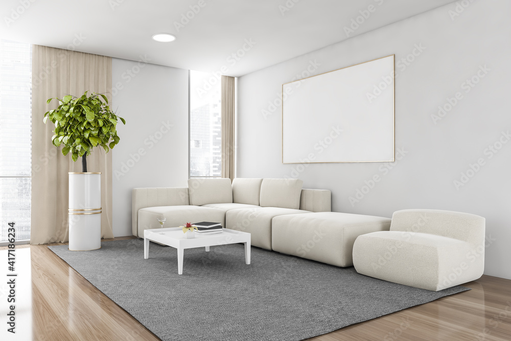 Fototapeta premium Mockup frame in light living room with sofa on carpet