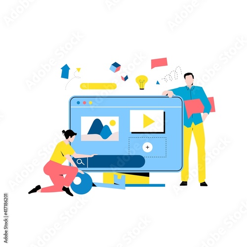 Digital content management, creating engaging online content, online news flat vector illustration design for mobile and web graphics. Website optimization, web content development concept