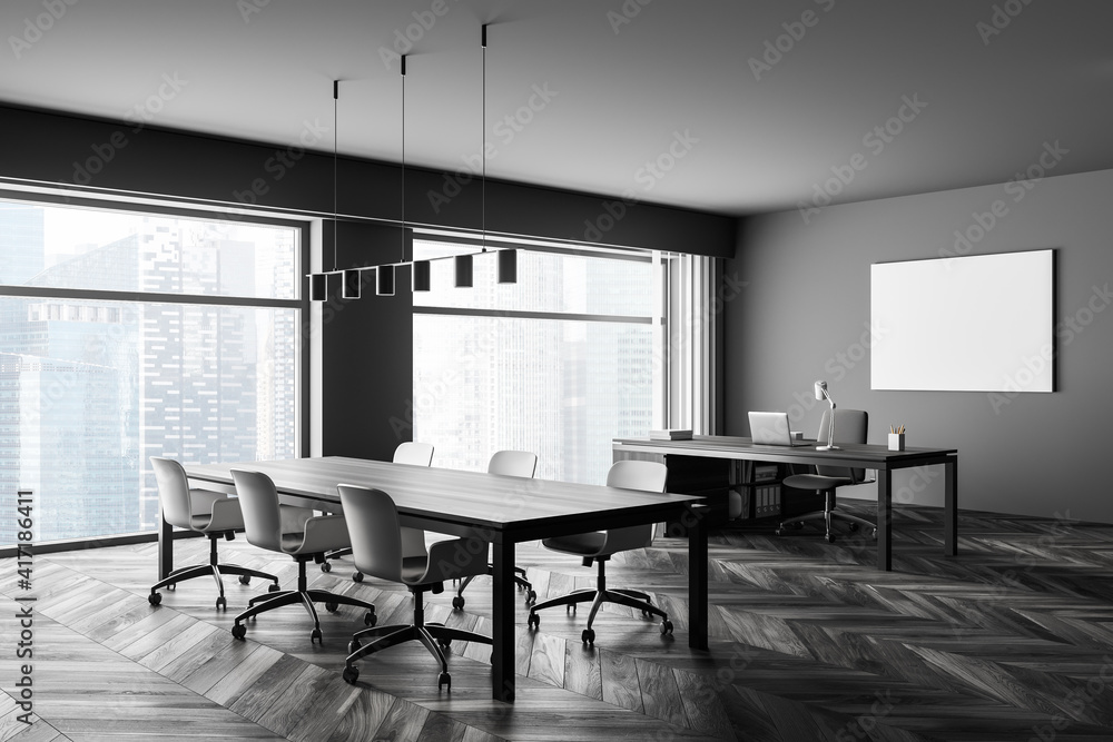 Fototapeta premium Modern office interior. Poster on wall mock up. Conference table. CEO desk. City view, panoramic window.