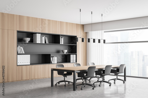 Modern office interior. Conference table. City view, panoramic window. © ImageFlow