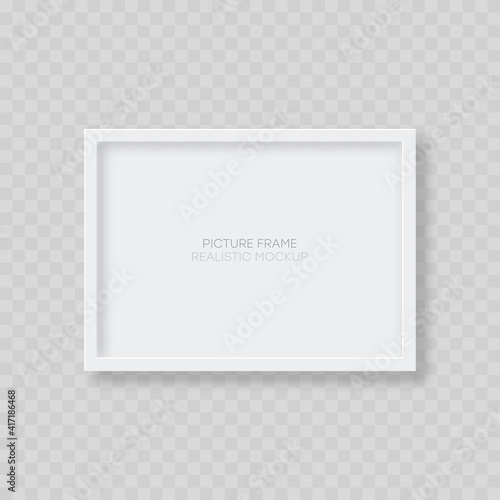 Picture frame mockup. Realistic blank horizontal white picture frame template with shadow isolated on transparent background. Vector illustration.