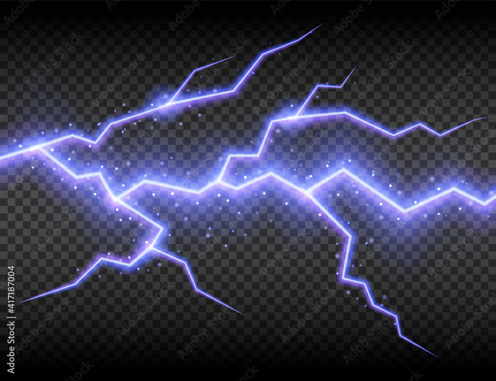 Realistic electric lightning, abstract thunderstorm. Lightning shock isolated on transparent background. Vector illustration. Realistic electric lightning, abstract thunderstorm. Lightning shock isolated on transparent background. Vector illustration.
