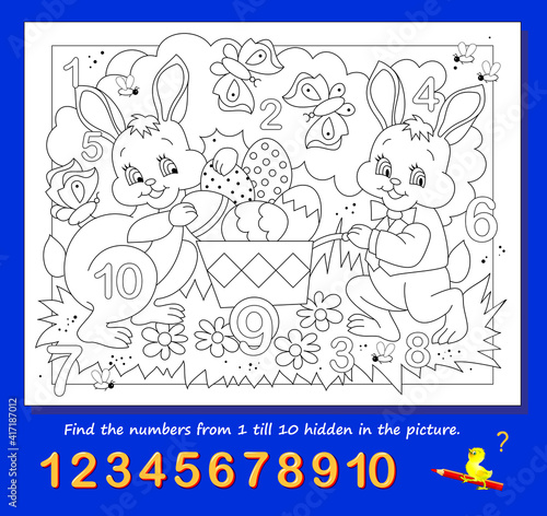 Logic puzzle game. Math education for young children. Find the numbers from 1 to 10 hidden in the picture and paint them. Coloring book. Developing counting skills. IQ test. Worksheet for kids.