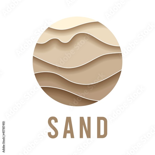 Sand logo,dunes,icon beach,sign desert abstract pattern of wavy lines in beige gold color paper cut background.Logo template,badge,label,stamp,pictogram for tourism,travel,arabian landscape.Vector
