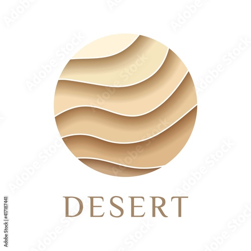 Sand logo,dunes,icon beach,sign desert abstract pattern of wavy lines in beige gold color paper cut background.Logo template,badge,label,stamp,pictogram for tourism,travel,arabian landscape.Vector
