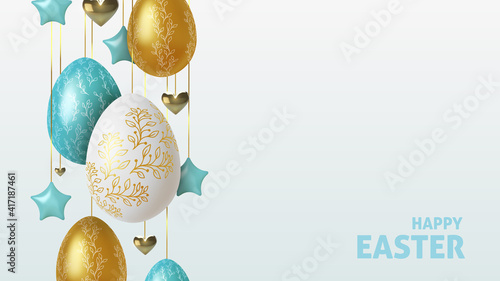 Easter greeting background with realistic golden, blue and white Easter eggs. Vector illustration