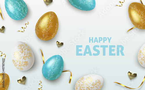 Easter greeting background with realistic golden, blue and white Easter eggs. Vector illustration