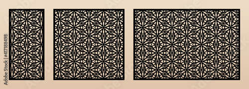 Laser cut patterns. Vector design with elegant geometric ornament, abstract floral grid, snowflake silhouettes. Template for cnc cutting, decorative panels of wood, metal. Aspect ratio 1:2, 1:1, 3:2