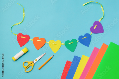 Craft Heart from paper or eva. Spring creative. DIY concept. Easy craft for kids