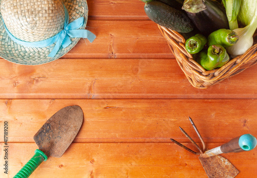 Vista cenital de una cesta de esparto con verduras y algunas herramientas de cultivo