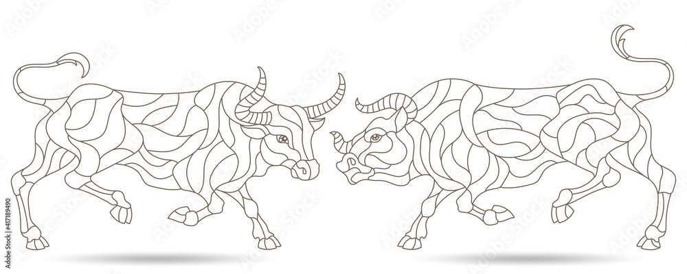 A set of contour illustrations in a stained glass style with abstract bulls, dark contours isolated on a white background