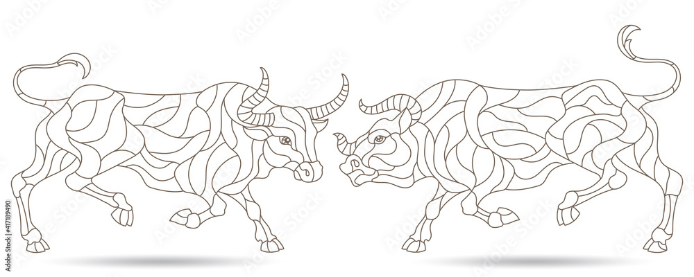 Obraz premium A set of contour illustrations in a stained glass style with abstract bulls, dark contours isolated on a white background