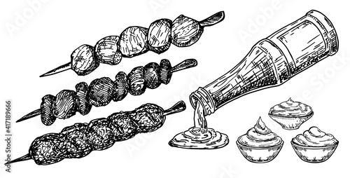 Delicious kebab with tomato sauce. Vector sketch illustration of doner kebab ingredients. Grilled BBQ food. Barbecue kebabs on a skewer set. Hand drawn illustration on white background