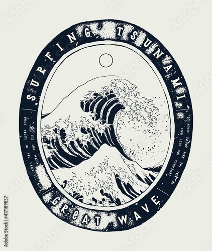 Fotografering Great wave off Kanagawa vintage typography t-shirt print