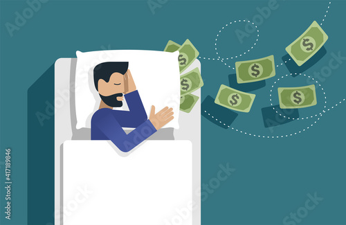 Businessman sleeping in bed. Money under a pillow