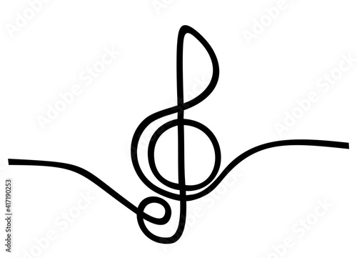 Music sign continuous one line drawing of G key symbol minimalist design. A treble clef is drawn by a single black line on a white background. One-line drawing. Continuous line.