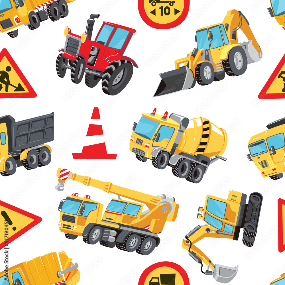 Seamless pattern with colorful toy Trucks, Cars and Road Signs. Red tractor, Excavator, Digger machine, Building machines, Concrete Mixer. Seamless pattern with colorful toy Trucks, Cars and Road Signs. Red tractor, Excavator, Digger machine, Building machines, Concrete Mixer.