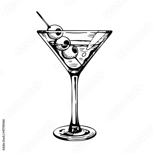 Martini glass with olives. Hand drawn alcohol cocktail, vector sketch