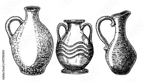 Earthenware and ceramic vector sketch set.Vector isolated illustration jug and other earthenware. Icon set of ceramic dish and vase.