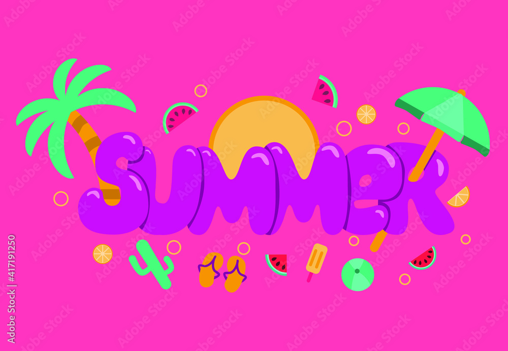 lettering. summer lettering. illustration set of summer items. flat design