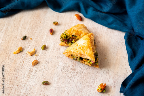 Arabic sweets named baklava filled with pistachio