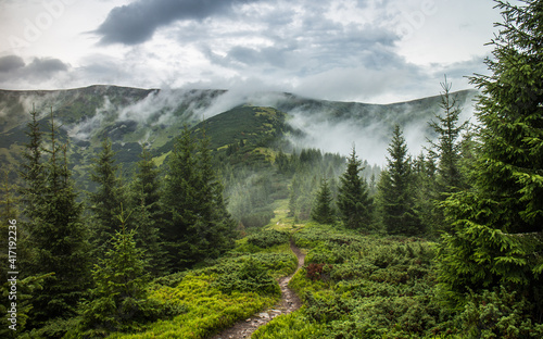 Hiking trail towards cloudy and dramatic mountain landscape in Tatras Slovakia