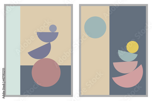 Obraz na płótnie Abstract modern geometric wall decor. Two set trendy minimalist framed art print. Simple organic balanced shape. w salonie