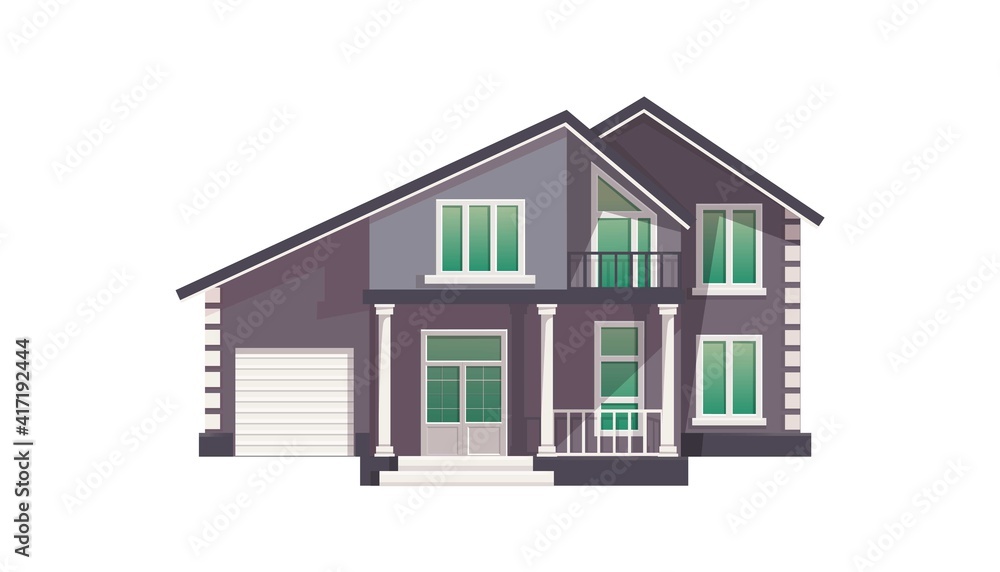 large two-storey house,gray and lilac,on a white background.Isolated illustration.a symbol of family,comfort.Use for a website advertising construction,renovation,mortgage,rental or real estate agency