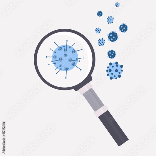 Coronovirus cell under magnifying glass. Covid-19 concept. Quarantine vector illustration. Epidemic, pandemic, medicine, sience.