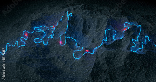 Overview of a winding hiking trail through the mountains with waypoints - 3d illustration photo