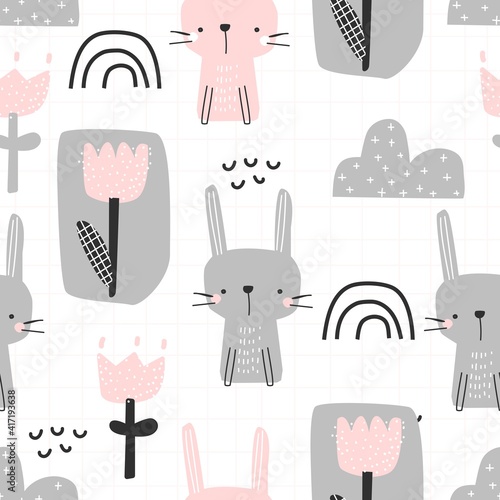 Seamless pattern of cute bunny and flowers on a white checkered background. Vector illustration for printing on packaging paper, fabric, postcard. Cute kids background