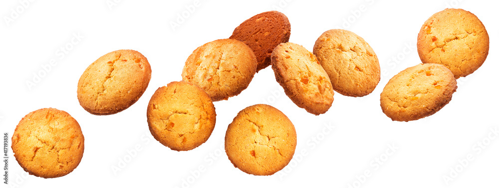 Chip cookies falling over white background Chip cookies falling over white background
