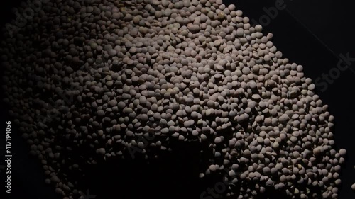 Lentils raw in a black tray gyrating, rotation photo