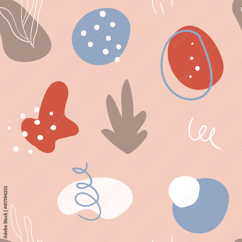 Abstract seamless pattern in trendy style with botanical and geometric elements, textures. Trendy bright colors. Vector illustration. Abstract seamless pattern in trendy style with botanical and geometric elements, textures. Trendy bright colors. Vector illustration.