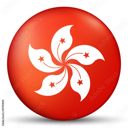 Glass light ball with flag of Hong Kong. Round sphere, template icon. National symbol. Glossy realistic ball, 3D abstract vector illustration highlighted on a white background. Big bubble.
