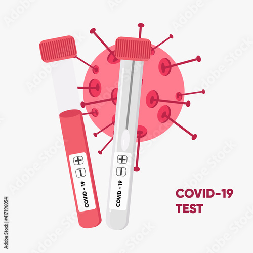 Vector illustration with Covid-19 tests. Saliva test tube and blood test tube. Coronavirus cells on background. Website, landing page template. Medicine and health concept. Covid-19 awareness. 