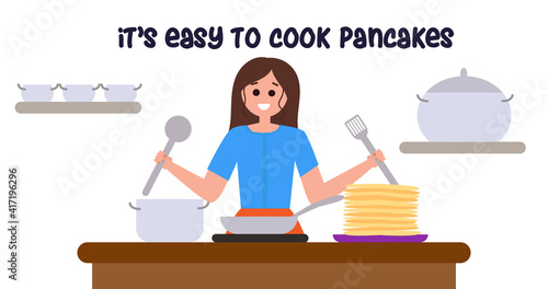 Happy young woman cooking pancakes vector illustration