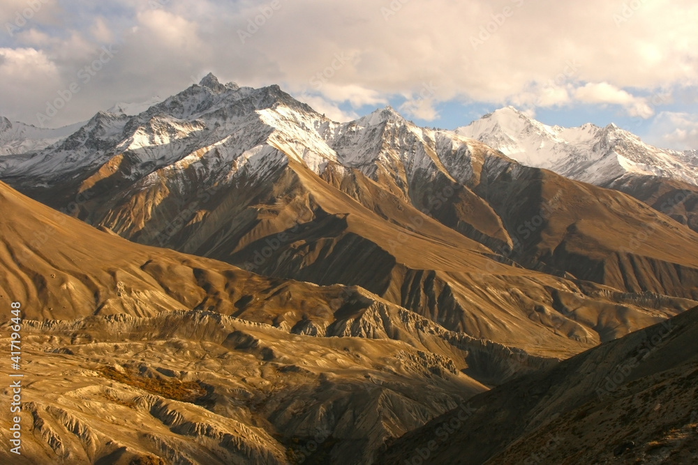 Evening view of hindukush or hindu kush mountain ridge, Tahikistan and afghanistan, view from Pamir highway or pamirskij trakt