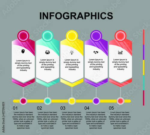 Business data visualization, infographics. Schematic of the process of elements with the help of graphics, five-step diagrams with text, numbers, options, text, parts. Business vector for presentation